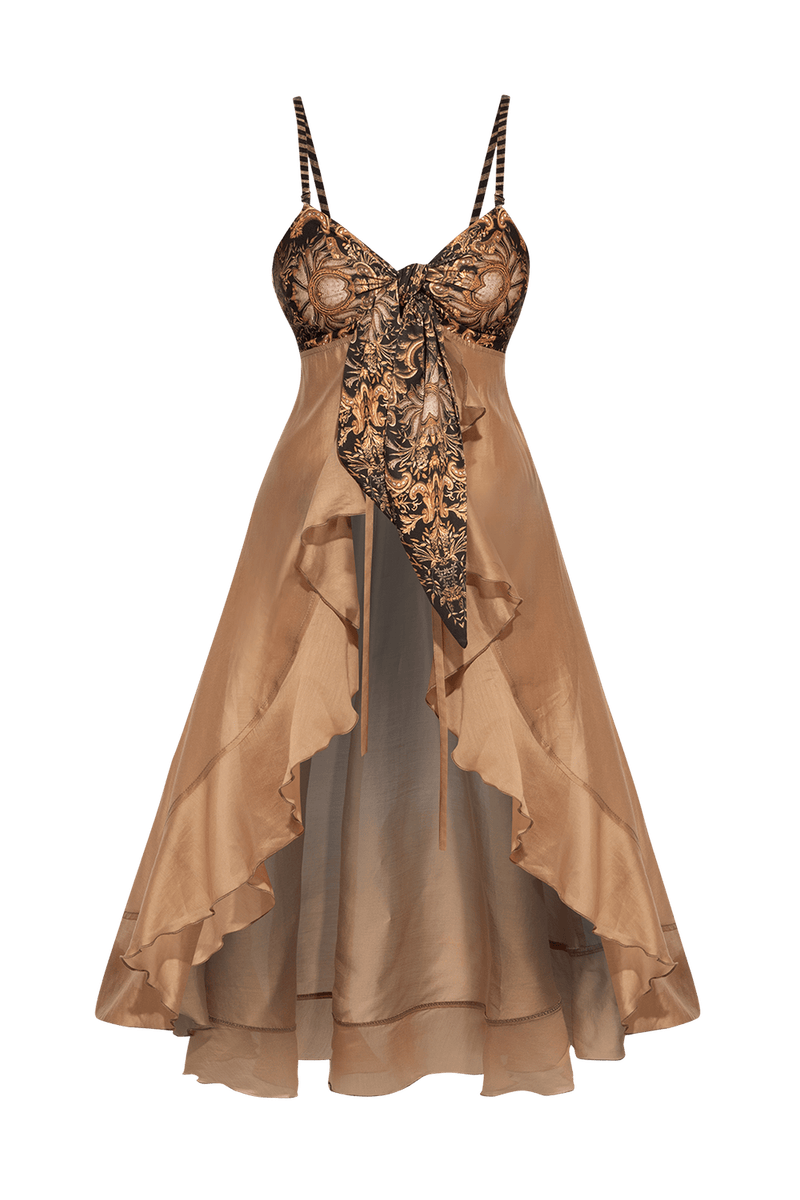 Lyocell a viskózová dlhá tunika s volánmi - zlaté pruhy