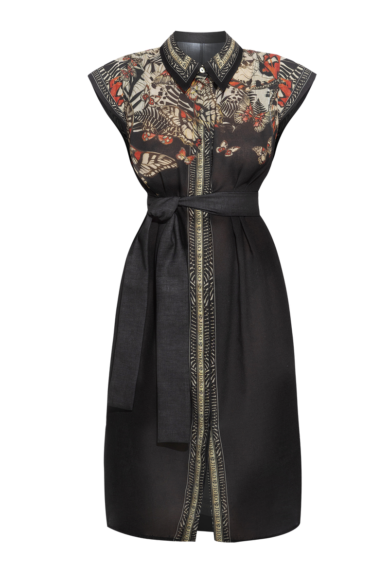 POPLIN SHIRT DRESS WITH OVAL HEM AND DRAPED WAIST - MIDNIGHT BUTTERFLIES JIORO РОКЛЯ ТИП РИЗА ОТ ПОПЛИН С ОВАЛЕН ПОДГЪВ И ДРАПИРАНА ТАЛИЯ - MIDNIGHT BUTTERFLIES JIORO