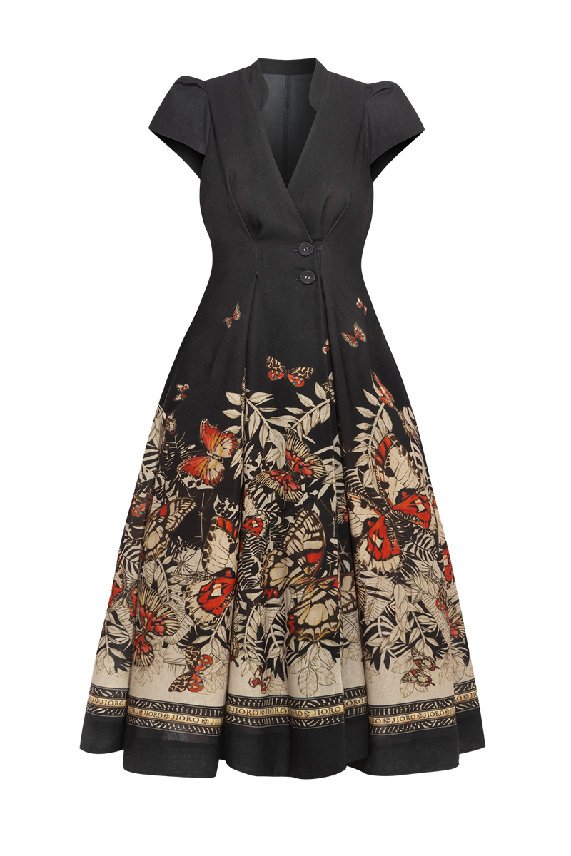 LONG FLARED LINEN DRESS - MIDNIGHT BUTTERFLIES JIORO ДЪЛГА РАЗКРОЕНА РОКЛЯ ОТ ЛЕН – MIDNIGHT BUTTERFLIES JIORO