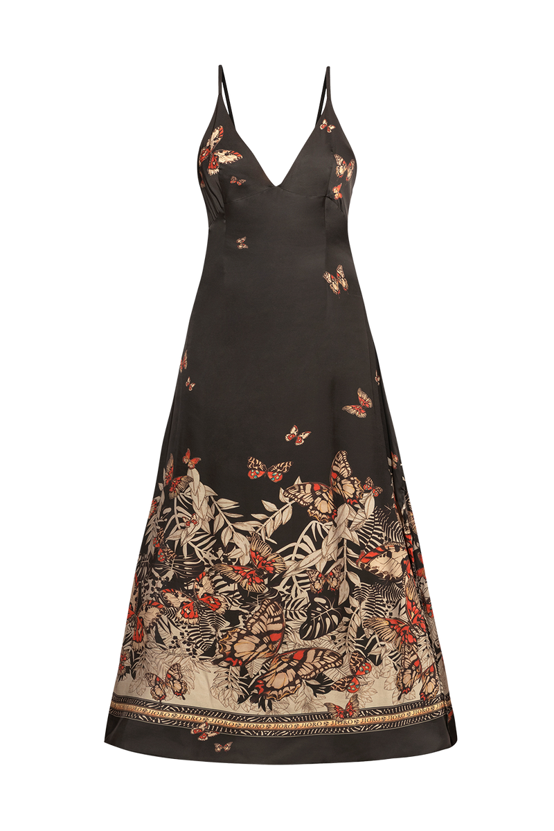 VISCOSE SLIP DRESS WITH OPEN BACK AND THIN STRAPS - MIDNIGHT BUTTERFLIES