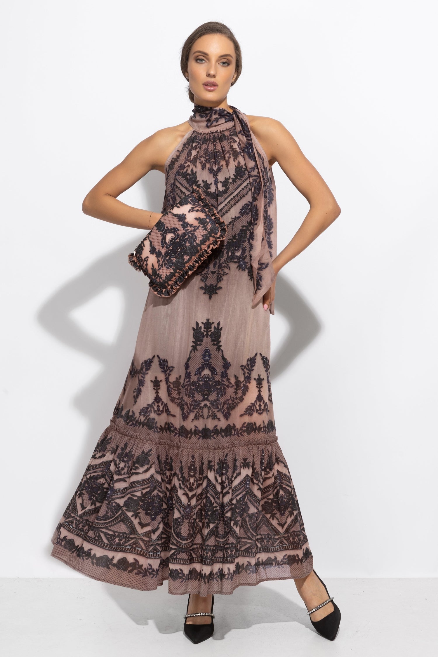 SILK VISCOSE LONG DRESS - GRAFFITI POWDER