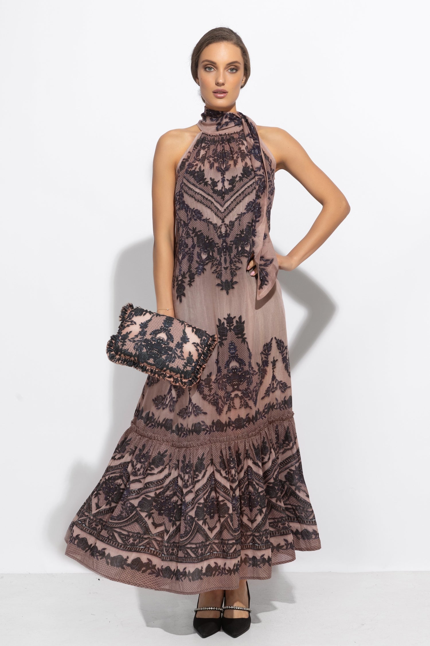 SILK VISCOSE LONG DRESS - GRAFFITI POWDER