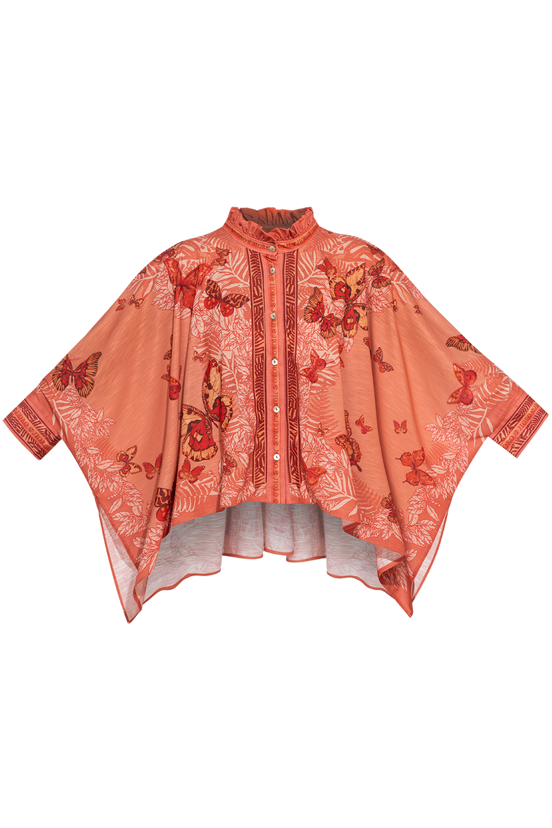 SQUARE TUNIC WITH RUFFLED COLLAR - PAPAYA BUTTERFLIES JIORO  ПРАВОЪГЪЛНА ТУНИКА С ЯКА С НАБОРИ - PAPAYA BUTTERFLIES JIORO