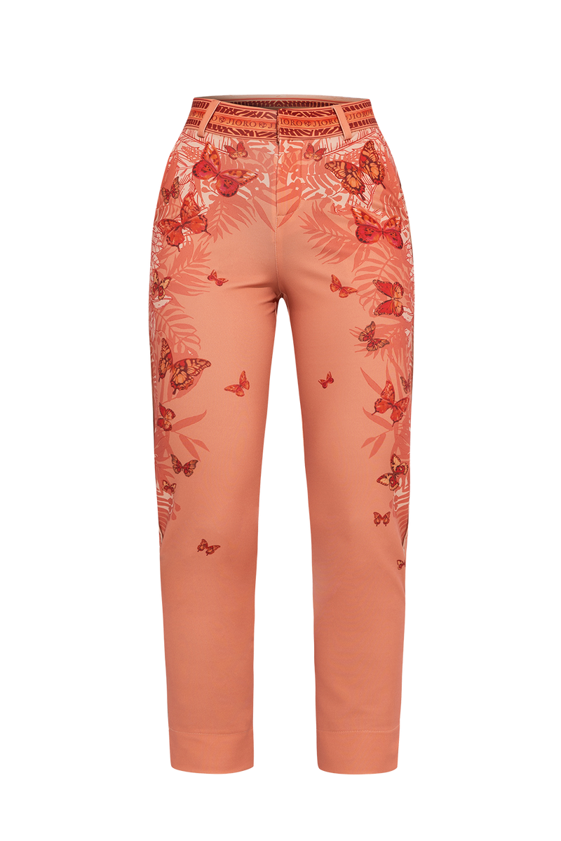 CLASSIC VISCOSE PANTS - PAPAYA BUTTERFLIES JIORO ПАНТАЛОН С КЛАСИЧЕСКА КРОЙКА - PAPAYA BUTTERFLIES JIORO