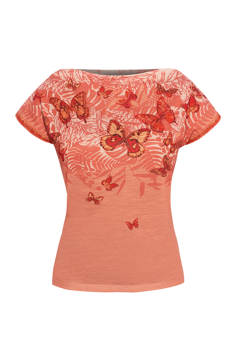 RELAXED FIT DROPPED SHOULDER BLOUSE - PAPAYA BUTTERFLIES JIORO БЛУЗА С ПАДНАЛО РАМО И СВОБОДНА КРОЙКА - PAPAYA BUTTERFLIES JIORO
