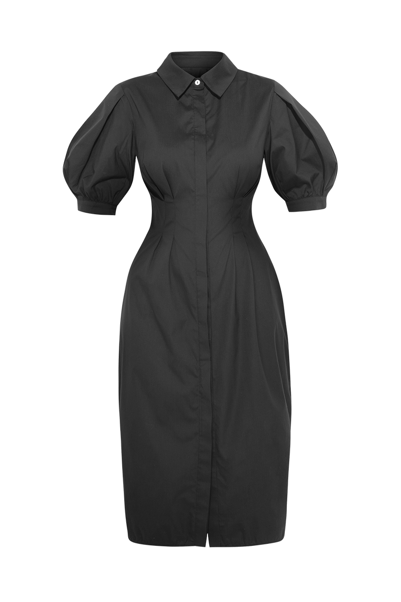 BLACK SHIRT COTTON POPLIN DRESS WITH OVAL HEM - ESSENTIALS JIORO ЧЕРНА РОКЛЯ ТИП РИЗА ОТ ПАМУЧЕН ПОПЛИН С ОВАЛЕН ПОДГЪВ - ESSENTIALS JIORO