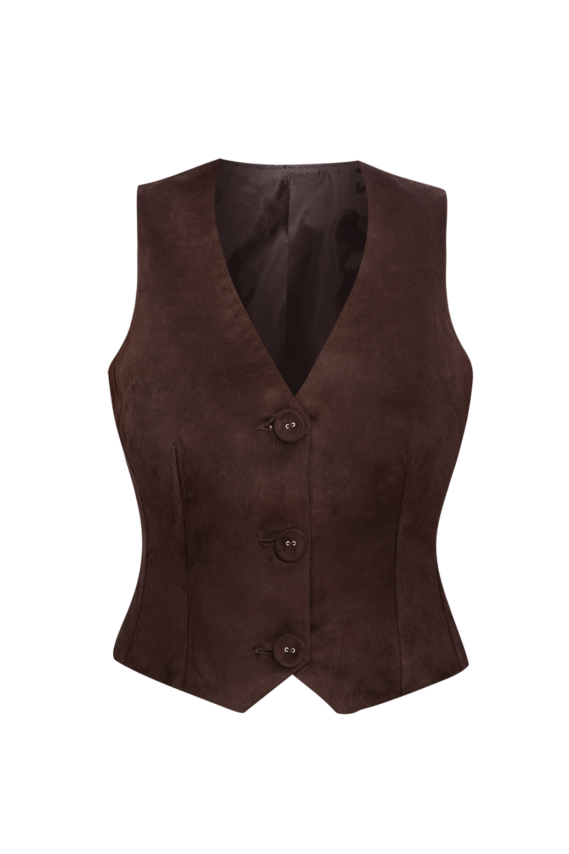 SUEDE-EFFECT VEST IN DARK BROWN - ESSENTIALS JIORO ТЪМНОКАФЯВ ЕЛЕК С ВЕЛУРЕН ЕФЕКТ - ESSENTIALS JIORO