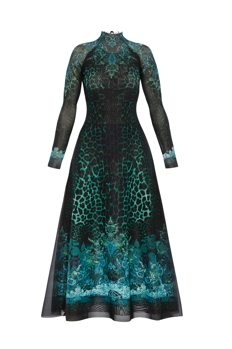 LONG FINE NET DRESS - LEO NEON GREEN JIORO ДЪЛГА РОКЛЯ ОТ ФИНА МРЕЖА - LEO NEON GREEN JIORO