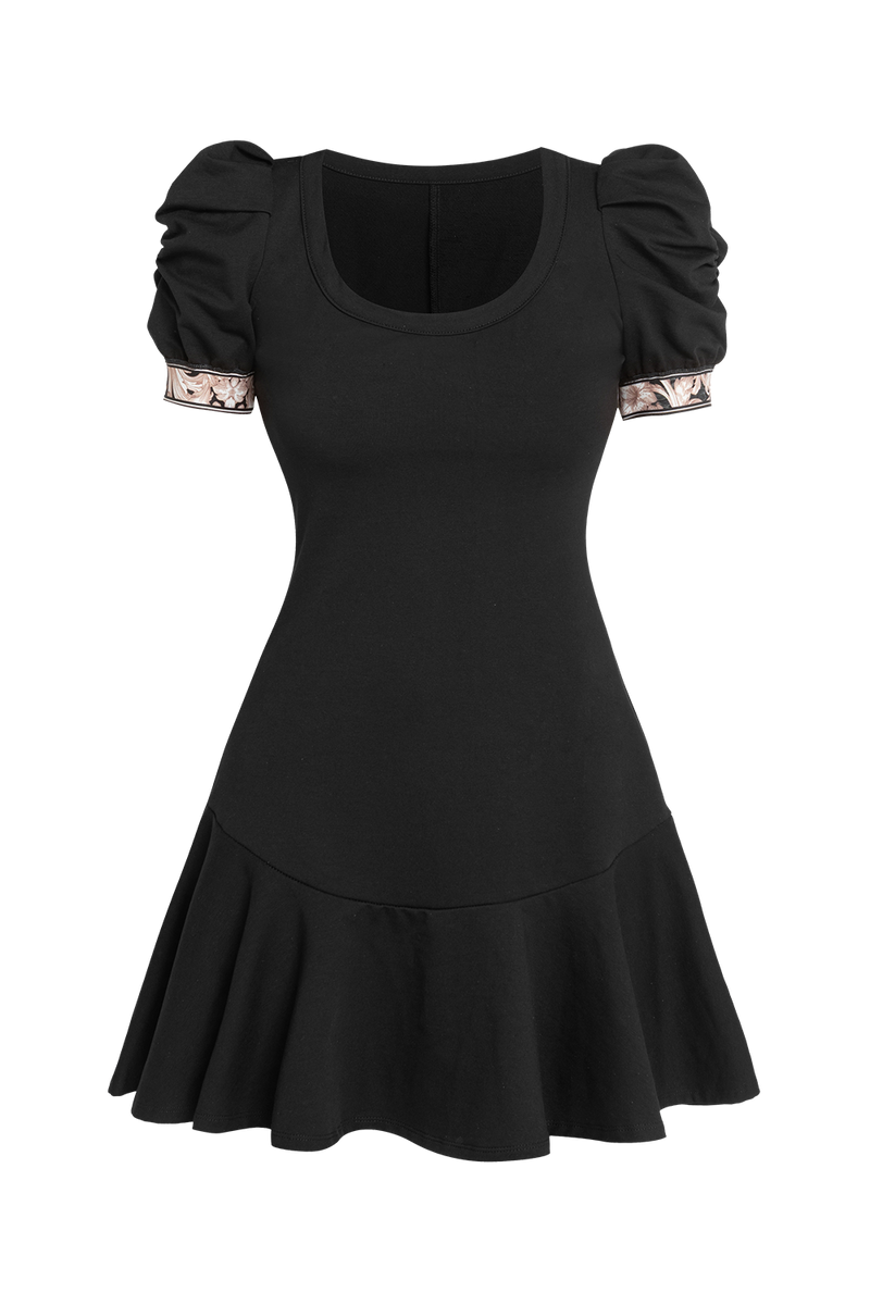 BLACK COTTON DRESS WITH PUFF SLEEVES - ESSENTIALS JIORO ЧЕРНА ПАМУЧНА РОКЛЯ С БУФАН РЪКАВИ - ESSENTIALS JIORO