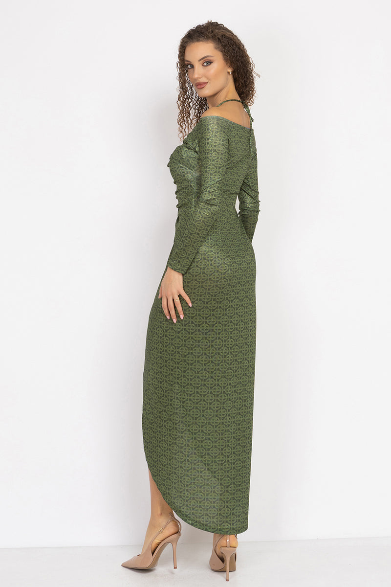 ASYMMETRIC LUREX DRESS WITH KNOT DETAIL AND FRONT DRAWSTRING - EMERALD GREEN LOGO
