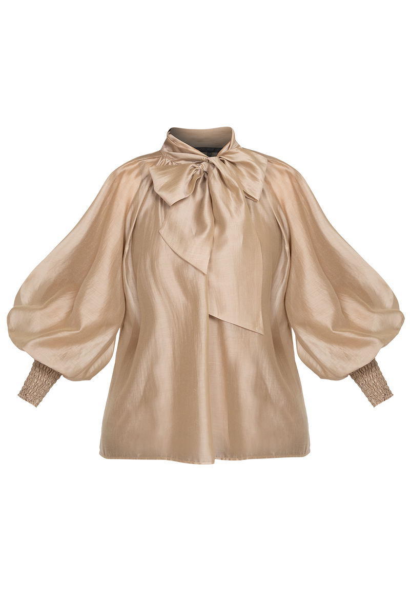 BOHEMIAN BEIGE LYOCELL BLOUSE WITH PUFF SLEEVES AND TIE-FRONT COLLAR - ESSENTIALS JIORO БОХЕМСКА РИЗА ОТ ЛИОЦЕЛ В БЕЖОВО С БОГАТИ РЪКАВИ И ВРЪЗКА - ESSENTIALS JIORO