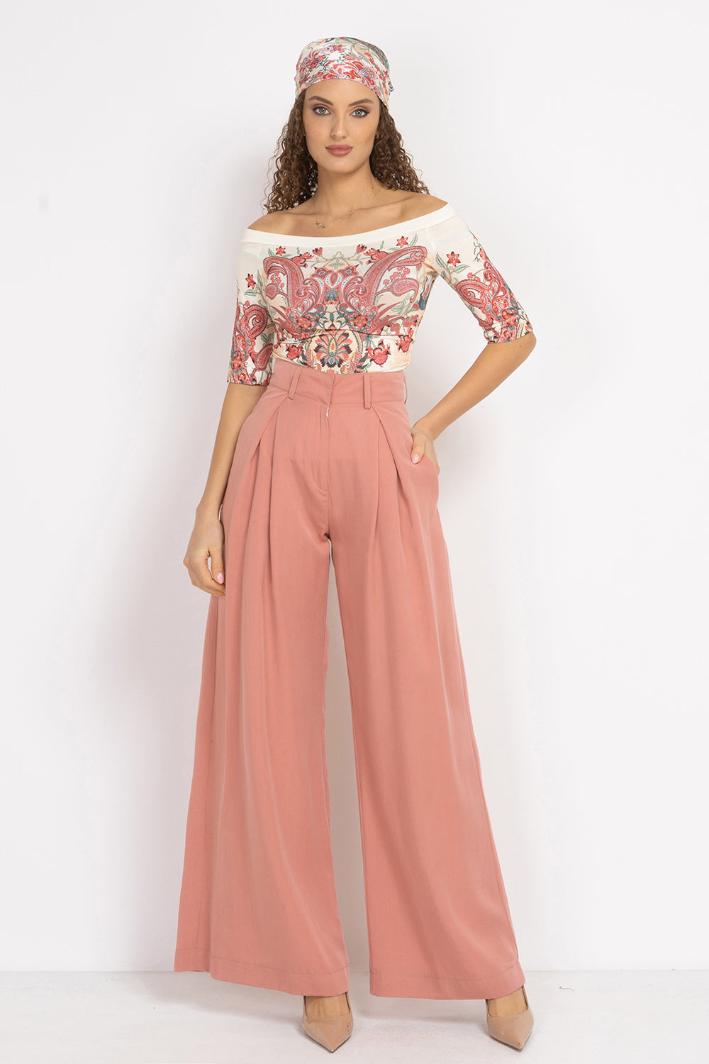 VISCOSE TOP WITH OFF-SHOULDER NECKLINE - PAISLEY RED JIORO ТОП ОТ ВИСКОЗА С ПАДНАЛИ РАМЕНА - PAISLEY RED JIORO