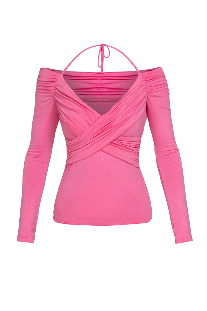 PINK VISCOSE STRETCH WRAP BLOUSE WITH GATHERS - ESSENTIALS