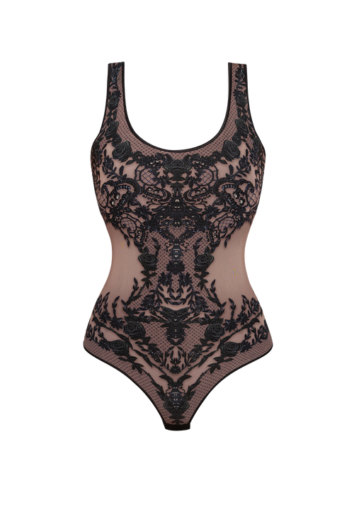 SLEEVELESS MESH BODYSUIT WITH DEEP SCOOP NECKLINE AND MODAL LINING - GRAFFITI POWDER JIORO БОДИ ОТ МРЕЖА БЕЗ РЪКАВИ С ДЪЛБОКО ОБЛО ДЕКОЛТЕ И ПОДПЛАТА ОТ МЕК МОДАЛ - GRAFFITI POWDER JIORO