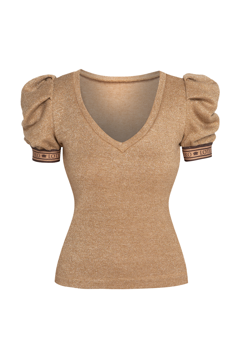 GOLD LUREX V-NECK TOP WITH PUFF SLEEVES - ESSENTIALS