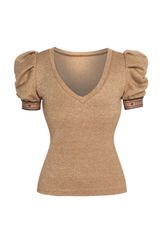 GOLD LUREX V-NECK TOP WITH PUFF SLEEVES - ESSENTIALS JIORO ТОП ОТ ЗЛАТИСТ ЛУРЕКС С БУФАН РЪКАВИ - ESSENTIALS JIORO