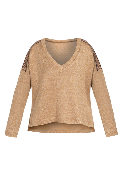 GOLD LUREX V-NECK TOP - ESSENTIALS JIORO СВОБОДЕН ТОП ОТ ЗЛАТИСТ ЛУРЕКС С V-ДЕКОЛТЕ - ESSENTIALS JIORO