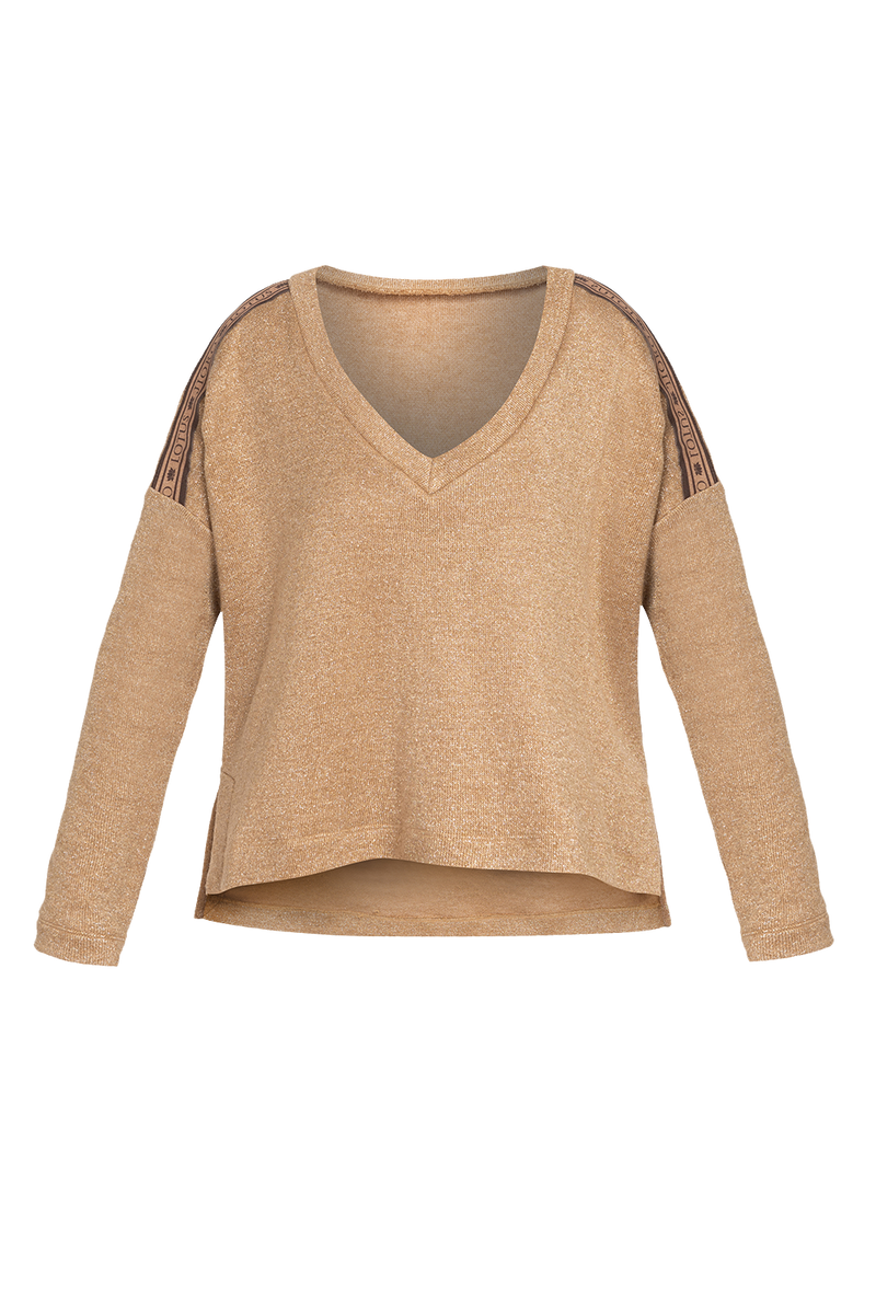 GOLD LUREX V-NECK TOP - ESSENTIALS JIORO СВОБОДЕН ТОП ОТ ЗЛАТИСТ ЛУРЕКС С V-ДЕКОЛТЕ - ESSENTIALS JIORO