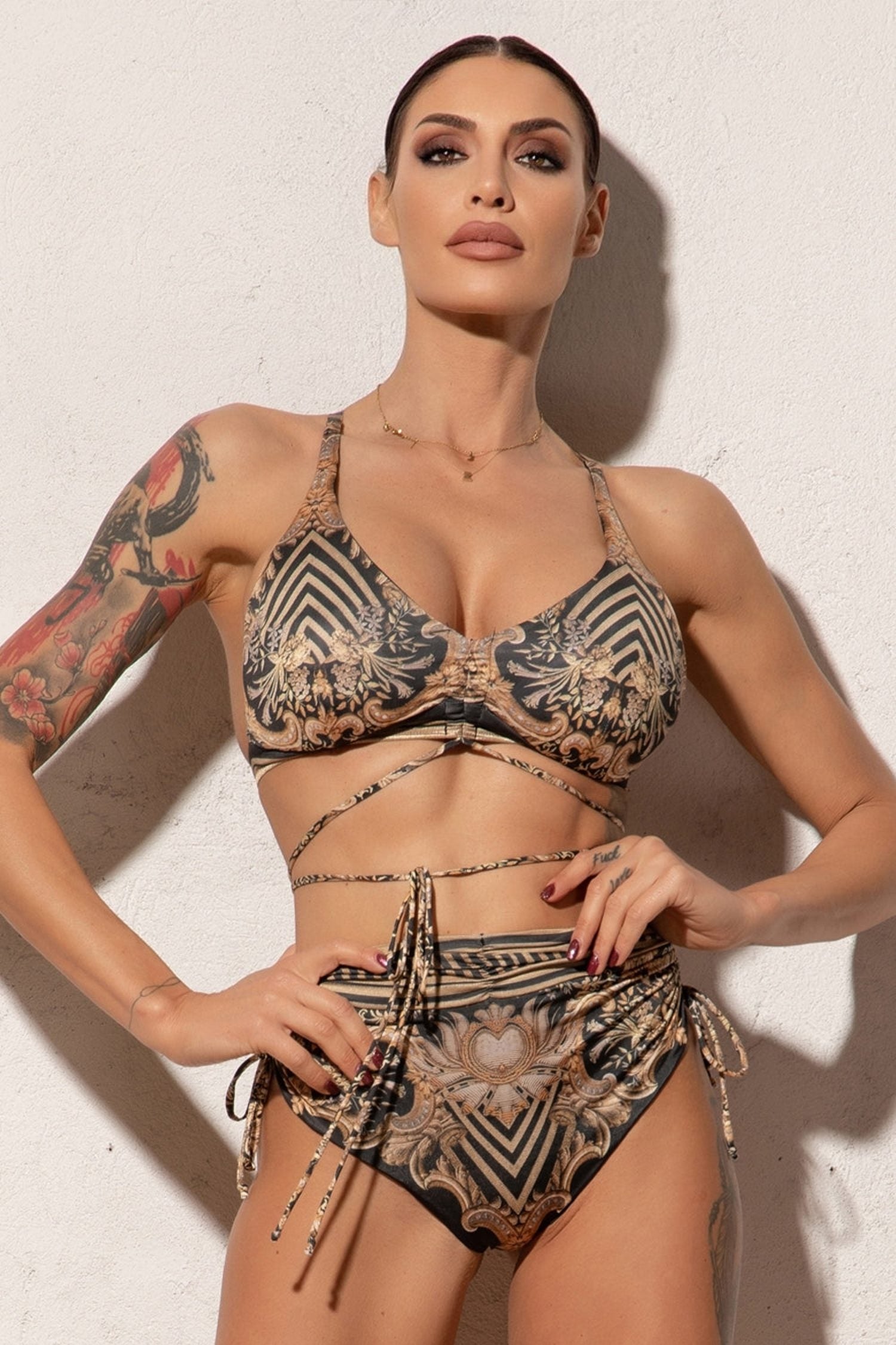 HIGH WAIST SWIM BOTTOM - GOLDEN STRIPES