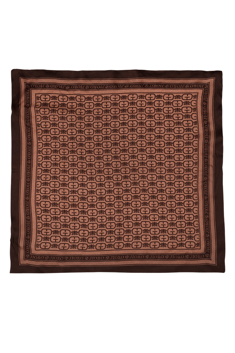 SQUARE VISCOSE HEADSCARF - MOCHA MOUSSE LOGO JIORO КВАДРАТНА КЪРПА ЗА ГЛАВА ОТ ВИСКОЗА – MOCHA MOUSSE LOGO JIORO